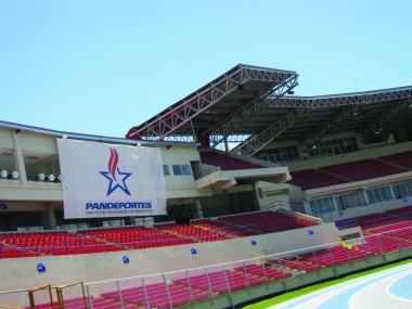 Wide view of stadium seating with Nohos mounted to roof